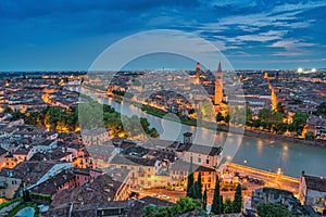 Verona Italy, night city skyline at Adige river