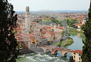 Verona in Italy and old Stone Bridge called PONTE PIETRA over Adige River