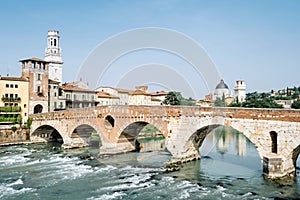 Verona, Italy - The Pietra bridge is the oldest bridge in Verona over the Adige river,