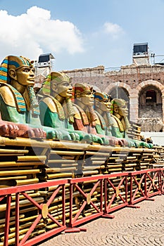 Verona, Italy - preparing the stage for the thetre performance in the famous Arena di Verona