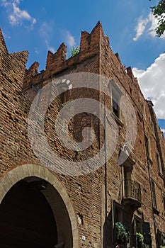 Verona, Italy Romeo house facade. Day view of casa di Romeo, 14th century home with crenelated walls