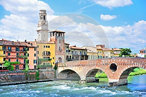 Verona, Italy. Scenery with Adige River and Ponte di Pietra.