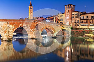 Verona, Italy Town Skyline on the Adige River with Ponte Pietra