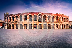 Verona, Italy.  Twilight view of Piazza Bra with Arena, Roman Empire heritage photo