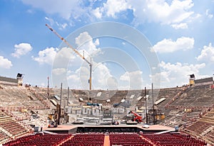 Verona, Italy - workers preparing the stage for the thetre performance in the famous Arena