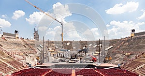 Verona, Italy - workers preparing the stage for the thetre performance in the famous Arena