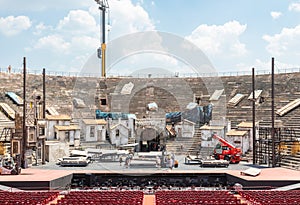 Verona, Italy - workers preparing the stage for the thetre performance in the famous Arena