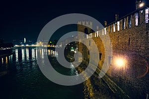 Verona, Italy â€“ March 2019. Castelvecchio Bridge, Brick & marble bridge with 3 spans & arches, built in the 14th century &