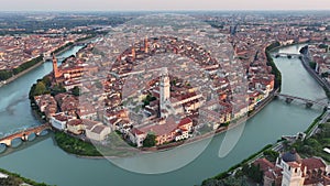Verona skyline, aerial view of historical city centre, red tiled roofs, Italy