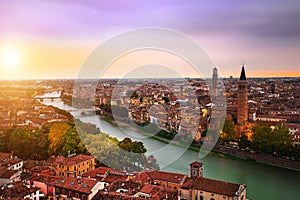 Verona skyline at night Sant` Anastasia Church and Torre dei Lamberti Lamberti Tower also visible.