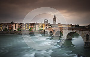 Verona skyline at night Sant` Anastasia Church and Torre dei Lamberti Lamberti Tower also visible.