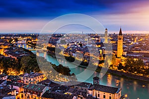 Verona skyline at night Sant` Anastasia Church and Torre dei Lamberti Lamberti Tower also visible.