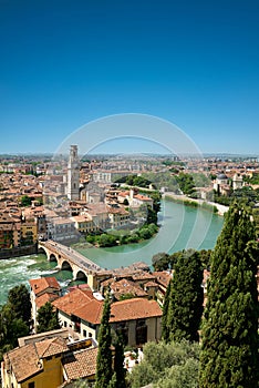 Verona Veneto Italy. Cityscape. The river Adige and Ponte Pietra (Stone Bridge photo