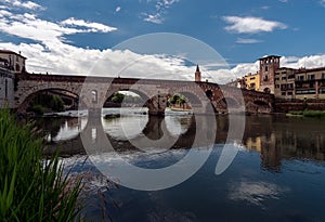 Verona. View of St. Peter`s Bridge. View of the Adige River. Italy.