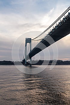 The Verrazano Narrows Bridge connecting Staten Island to Brooklyn as seen from New York Harbor.