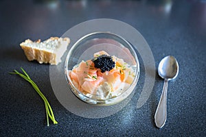 Verrine salmon lumpfish egg fresh cheese and avocado bed