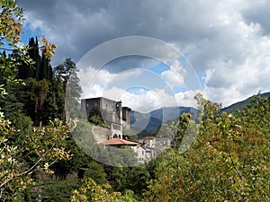 Verrucola village with its castle, fortress. Lungiana, Italy.