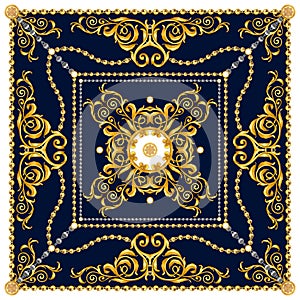 Versace Style Pattern Ready for Textile. Scarf Design for Silk Print. Golden Baroque with Chains on Dark Blue Background. photo