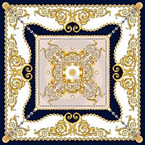 Versace Style Pattern Ready for Textile. Scarf Design for Silk Print. Golden Baroque with Chains on White Background.