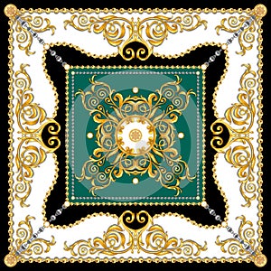 Versace Style Pattern Ready for Textile. Scarf Design for Silk Print. Golden Baroque with Chains on White and Green Background. photo