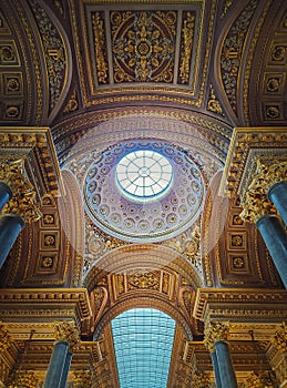 Versailles castle architecture details inside the Gallery of Great Battles hall, the largest room of the sun king Louis XIV palace