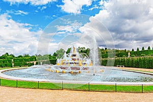 VERSAILLES, FRANCE - JULY 02, 2016 :Latona Fountain Pool, opposite the main building of the Palace of Versailles, created by Sun