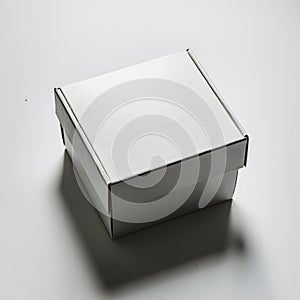 A versatile closed white box with slight shadows, resting on a white surface