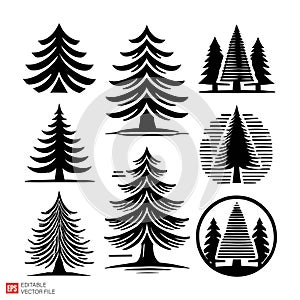 Stylized Pine Tree Vector Icons and Silhouettes Set
