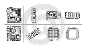 Computer Hardware Components Line Art Set