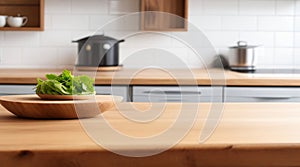 Versatile Display: Empty Wooden Table on Blurred Kitchen Bench Background.