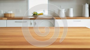 Versatile Display: Empty Wooden Table on Blurred Kitchen Bench Background.