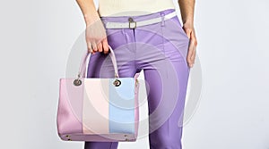 Versatile handbag colors. sexy and confident blond carry shoulder bag. handbag fashion and beauty. tote or shopper bag