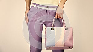 Versatile handbag colors. sexy and confident blond carry shoulder bag. handbag fashion and beauty. tote or shopper bag