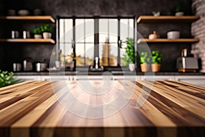 Versatile Kitchen Display Wooden Table on Blurred Kitchen Bench Background for Product Montage. created with Generative AI