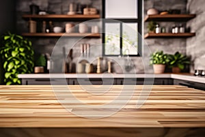 Versatile Kitchen Display Wooden Table on Blurred Kitchen Bench Background for Product Montage. created with Generative AI