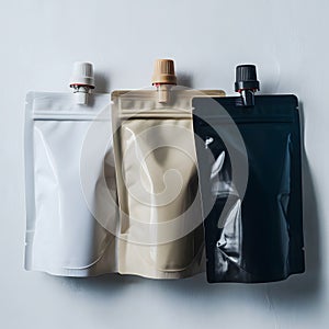 Versatile trio of colorful stand up pouches with matching caps for sleek packaging photo