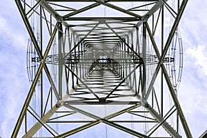 Verschiedene Muster und Linien eines Strommasten aus Stahl von unten photo