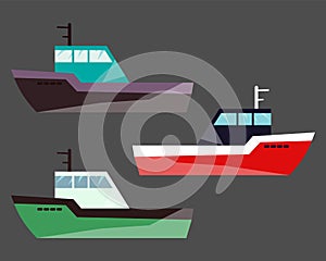 Version Fishing Ships. water isolated flat transport icon. Ship at sea, shipping boat, motor boat ocean transport