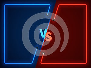 Versus battle, business confrontation screen with neon frames and vs logo vector illustration