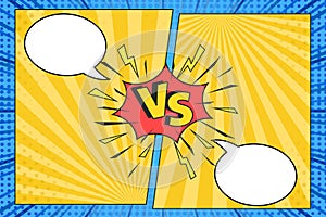 Versus comic frame. Vs comics book clash frames with cartoon text speech bubbles on halftone stripes background vector template.