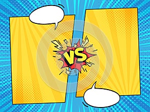 Versus comic frame. Vs comics book frames with cartoon text speech bubbles on halftone stripes background vector template