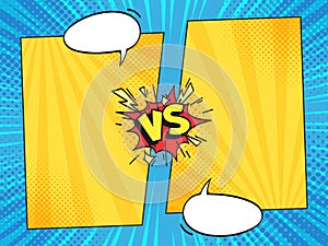 Versus comic frame. Vs comics book frames with cartoon text speech bubbles on halftone stripes background vector
