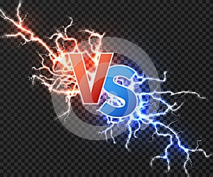 Versus concept with collision of two electric discharge. Vs vector background with power explosion of lightning isolated