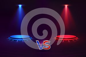 Versus concept. Glowing pedestal hologram, game match VS background, MMA competition contest. Vector versus template