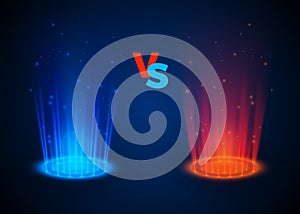 Versus glowing spotlight red and blue colors. Abstract hologram. VS battle scene with rays and sparks. vector illustration