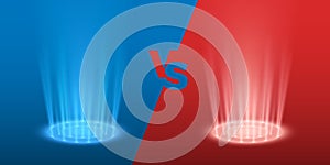 Versus glowing spotlight red and blue colors. VS battle scene with rays and sparks. Abstract hologram effect. vector illustration