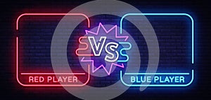 Versus neon banner with square frames. Screen battle, the confrontation of two fighters, the battle. Neon sign Vector