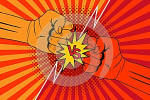 Versus rivalry fist vector background. Boxer punching or clashing fists for disagreement battle