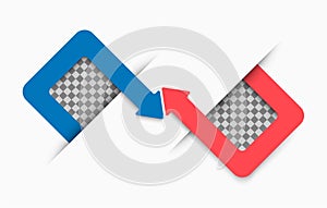 Versus Screen with Empty transparent Square Frames, vector blue and red line border with diagonal opposite arrows on white