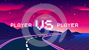 Versus sign with arcade game style with pixel letters over synthwave landscape. 80s styled VS emblem for competition
